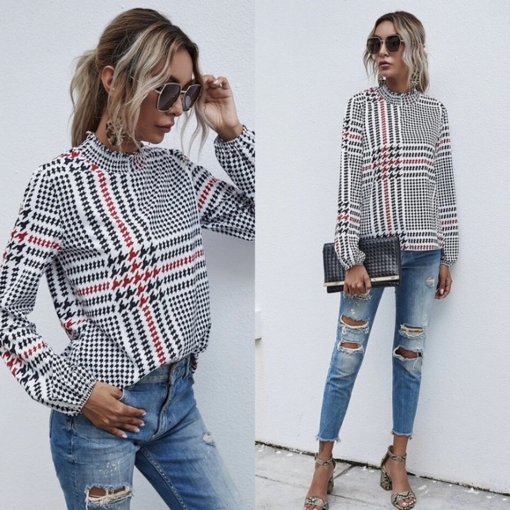 Houndstooth Print black red mock neck blouse - Picture 6 of 7